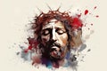 Portrait Jesus Christ crown of thorns banner original abstract art with space for copy text, easter and good friday. Generative AI