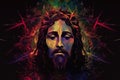 Portrait Jesus Christ crown of thorns banner original abstract art with space for copy text, easter and good friday. Generative AI