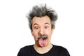 Portrait of jocular aging man with grey long hair sticking his tongue out in Einstein manner. Isolated on background