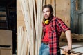 Portrait of the joiner in the workshop.