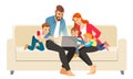 Portrait of a jolly family using a laptop sitting on sofa at home. Vector illustration in cartoon style.