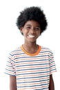 Portrait of joyful African boy with curly hair wearing a T-shirt while standing on white background. Photo of young happy smiling Royalty Free Stock Photo