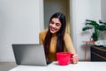 Portrait of joyful cheerful young woman enjoying cup of coffee at home while using laptop smiling girl drinking tea or hot Royalty Free Stock Photo