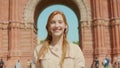 Portrait of joyful girl smiling outdoor. Happy female face posing on camera. Royalty Free Stock Photo