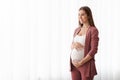 Joyful Pregnant Woman Embracing Her Belly While Standing Near Window At Home Royalty Free Stock Photo