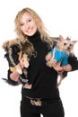 Portrait of joyful pretty blonde with two dogs