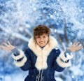 Portrait of joyful Winter Woman with short haircut in Luxury Fur Coat. Beauty Fashion Model Girl in Blue Fox Fur Coat. Beautiful Royalty Free Stock Photo