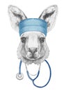 Portrait of Kangaroo with doctor cap and stethoscope. Hand-drawn illustration.