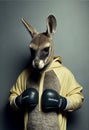 Portrait of a kangaroo in a tracksuit and boxing gloves. AI generated.