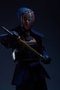 Portrait of a kendo fighter with shinai Royalty Free Stock Photo