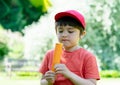 Portrait kid eating ice lolly with blurry nature background, Happy little boy standing in the park enjoy eating ice cream lollipop Royalty Free Stock Photo