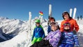 Portrait of kids group with ski over mountain tops Royalty Free Stock Photo