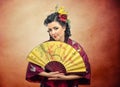 Portrait of kimono white mature woman with fan