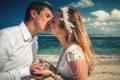 Portrait of kissing couple at beach. Traveling at Thailand Royalty Free Stock Photo