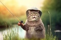 Portrait of a kitten fisherman with a fishing rod and a hat Royalty Free Stock Photo