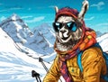 portrait of a lama with glasses in a jacket with a backpack against the backdrop of snow-capped mountains