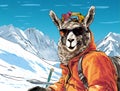 portrait of a lama with glasses in a jacket with a backpack on a background of snow-capped mountains