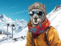 portrait of a lama with glasses in a jacket with a backpack on a background of snow-capped mountains