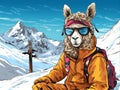 portrait of a lama in a jacket and glasses with a backpack