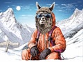 portrait of a lama in a jacket and glasses, wearing mittens with mountain sticks