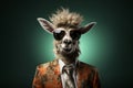 Lama with sunglasses wearing suit and tie on solid green background. Generative AI