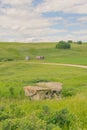 Portrait landscape of Alberta farmland with a rock formation in the foreground