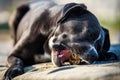 Portrait of a large black Amstaff mix dog eating meat in a spring garden full of sunshine. Royalty Free Stock Photo