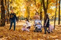 portrait of a large family with children in an autumn city park, happy people walking together, playing and throwing yellow leaves Royalty Free Stock Photo