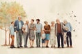 Portrait of a large family standing in a row in front of a tree, Happy multigeneration family standing outdoors, AI Generated