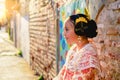 Portrait of a latina fallera girl wearing the traditional valencian costume of Fallas Royalty Free Stock Photo