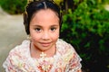 Portrait of a latina fallera girl wearing the traditional valencian costume of Fallas Royalty Free Stock Photo