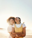 Portrait, laughing and gay couple hugging on the beach together for romance or bonding on a date. Mockup, sunset and an Royalty Free Stock Photo