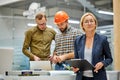 Portrait of leading female architectural engineer artist working with colleagues