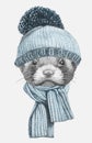 Portrait of Least Weasel with hat and scarf.