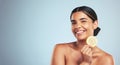 Portrait, lemon and happy woman in studio for skincare, wellness or organic, beauty or skin detox on grey background Royalty Free Stock Photo