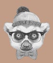 Portrait of Lemur with glasses, hat and bow tie.