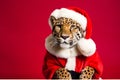 Portrait of a Leopard Dressed in a Red Santa Claus Costume in Studio with Colorful Background