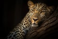 Portrait of Leopard resting on tree branch on black background. Amazing Wildlife. Generative Ai