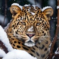 Portrait of a leopard in the snowy forest, Panthera pardus