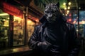 Portrait of a leopard wearing in a black leather jacket and gloves on a night city street. Anthropomorphic animal character