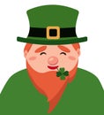 Portrait of a leprechaun in a green hat with a gold plaque. Head of St. Patrick with a red beard in a green suit on a white