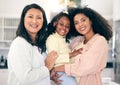 Portrait of lgbt family, women with child and love in multiracial relationship with happy adoption. Diversity, pride and