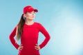 Portrait of lifeguard woman in red cap. Royalty Free Stock Photo