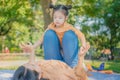 Portrait lifestyle Asian beautiful mother and daughter cheerful and play with her daughter on airplane,activity in family enjoy Royalty Free Stock Photo