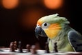 Portrait of light green parrot playing chess