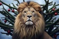 Portrait of a lion on a background of red berries in the forest Royalty Free Stock Photo