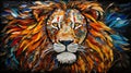 The portrait of a lion with a big beautiful mane is made of a multicolored mosaic of smalt. Each element of the mosaic is ordered