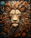 Portrait of a lion with a big beautiful mane - made of patchwork leather scraps. Each leather fragment is arranged, creating