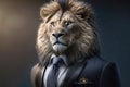 portrait of lion dressed in a formal business suit