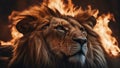 portrait of a lion A fierce lion with a tribal tattoo and a mane of flames